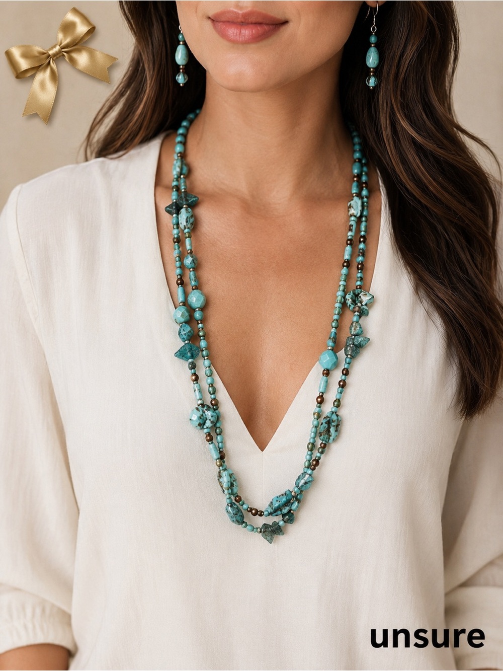 Faux Turquoise Beaded 44 “ Necklace & Dangle Earrings Set Brown Accent Beads